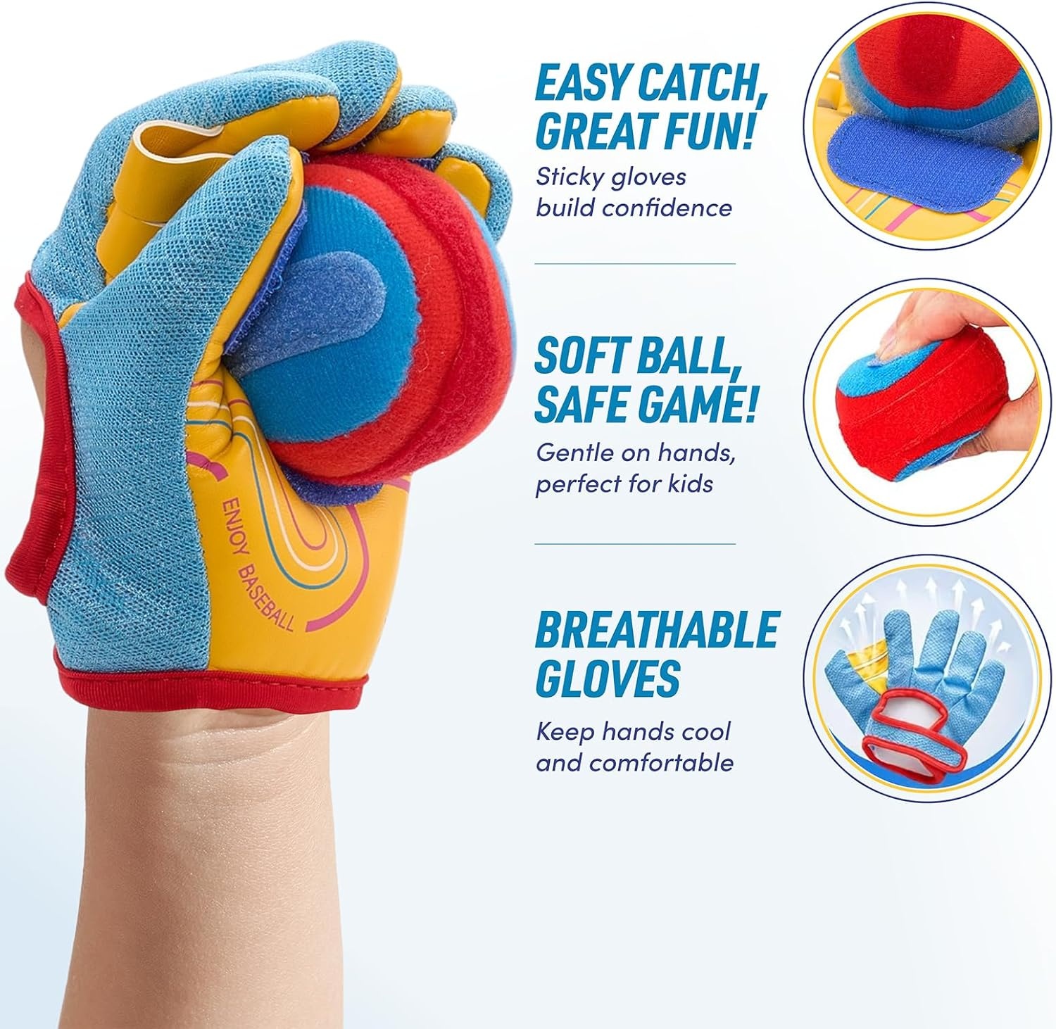 JoyCat Toss and Catch Ball Game with 4 Adjustable Gloves, 4 Soft Sticky Balls & Carry Bag, Toddler Baseball Glove Set, Outdoor Toys for Kids Ages 3-12, Family Backyard Beach Camping Games Gift(2 Gloves Set)