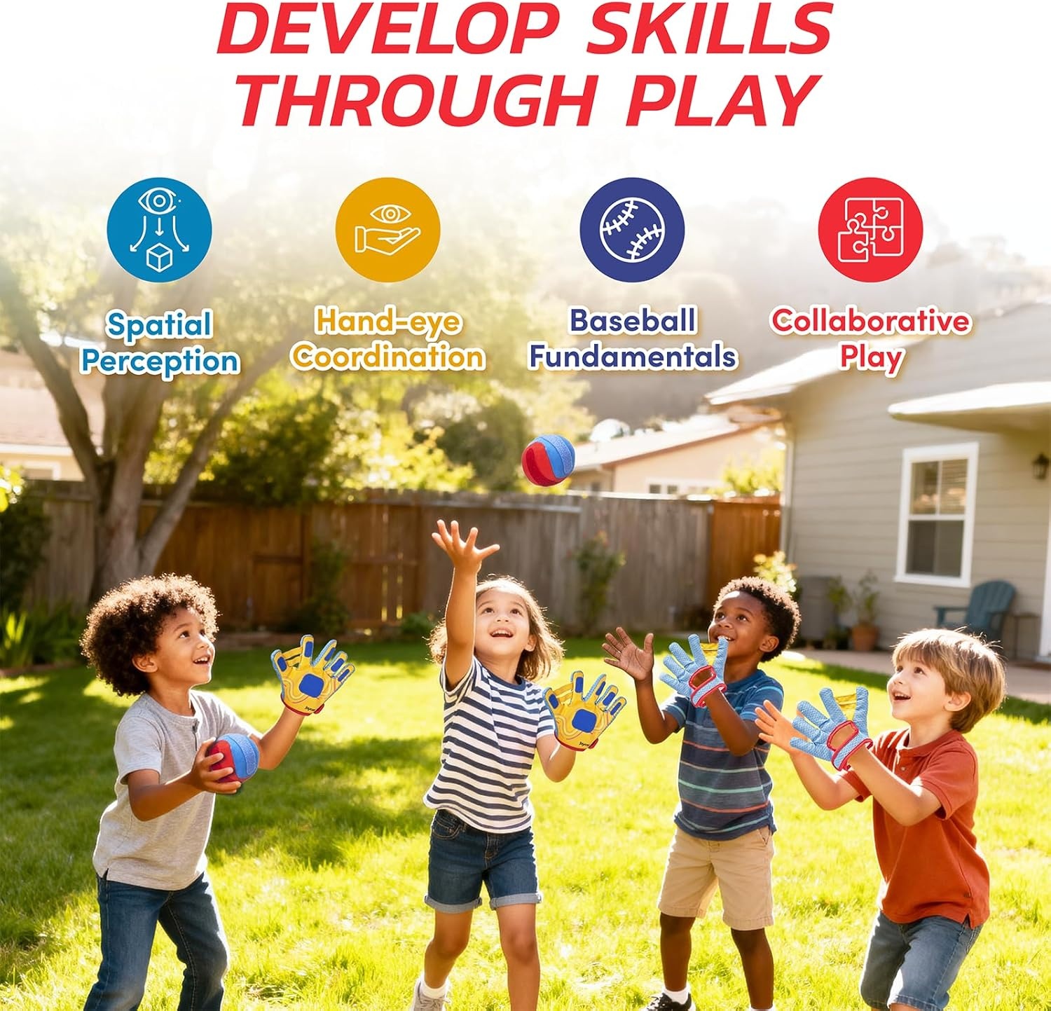 JoyCat Toss and Catch Ball Game with 4 Adjustable Gloves, 4 Soft Sticky Balls & Carry Bag, Toddler Baseball Glove Set, Outdoor Toys for Kids Ages 3-12, Family Backyard Beach Camping Games Gift(2 Gloves Set)