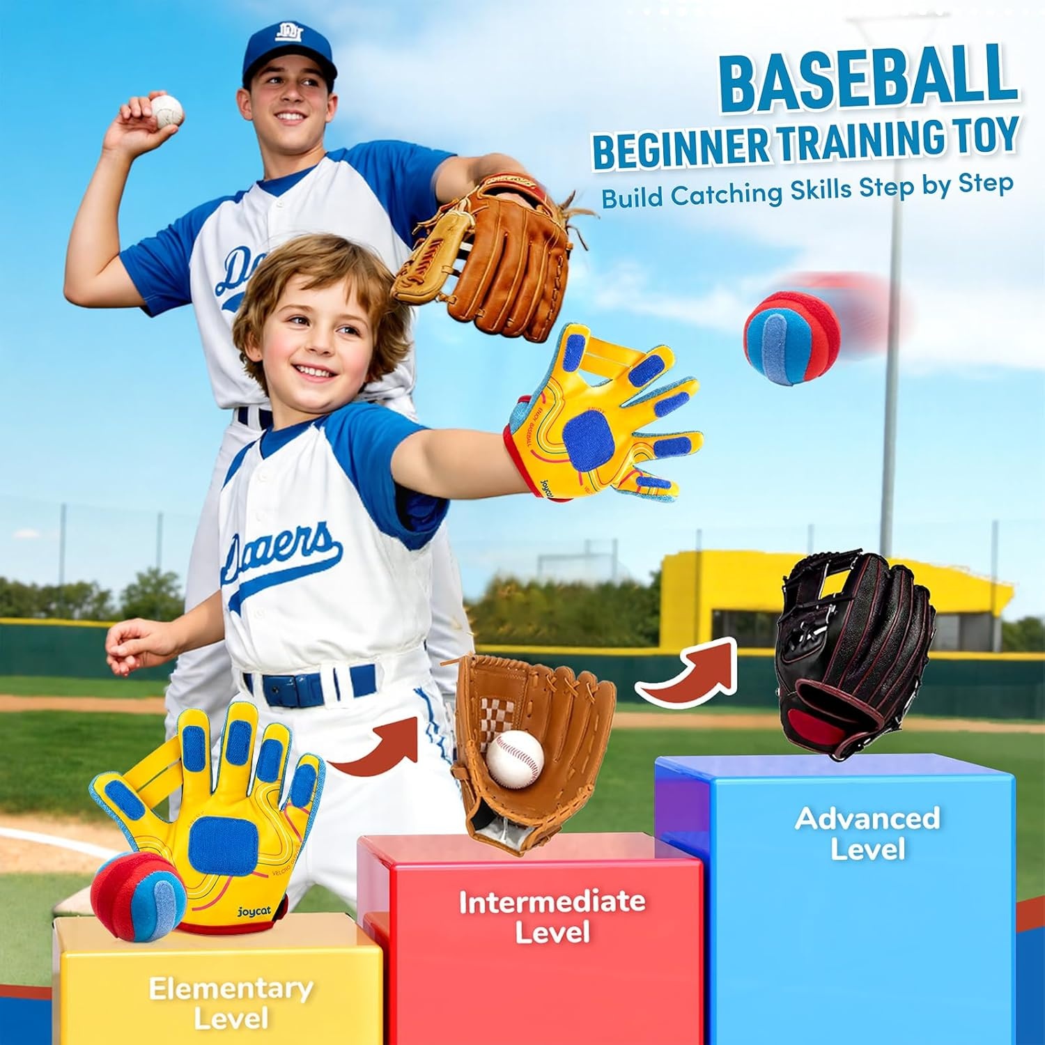 JoyCat Toss and Catch Ball Game with 4 Adjustable Gloves, 4 Soft Sticky Balls & Carry Bag, Toddler Baseball Glove Set, Outdoor Toys for Kids Ages 3-12, Family Backyard Beach Camping Games Gift(2 Gloves Set)