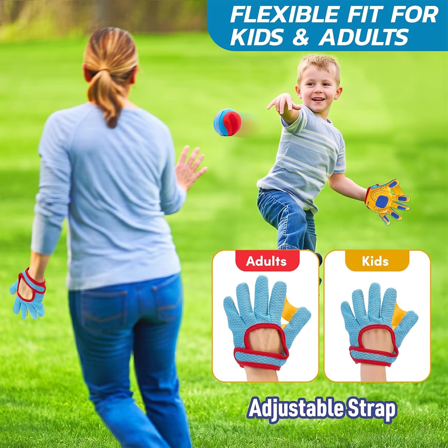JoyCat Toss and Catch Ball Game with 4 Adjustable Gloves, 4 Soft Sticky Balls & Carry Bag, Toddler Baseball Glove Set, Outdoor Toys for Kids Ages 3-12, Family Backyard Beach Camping Games Gift(2 Gloves Set)
