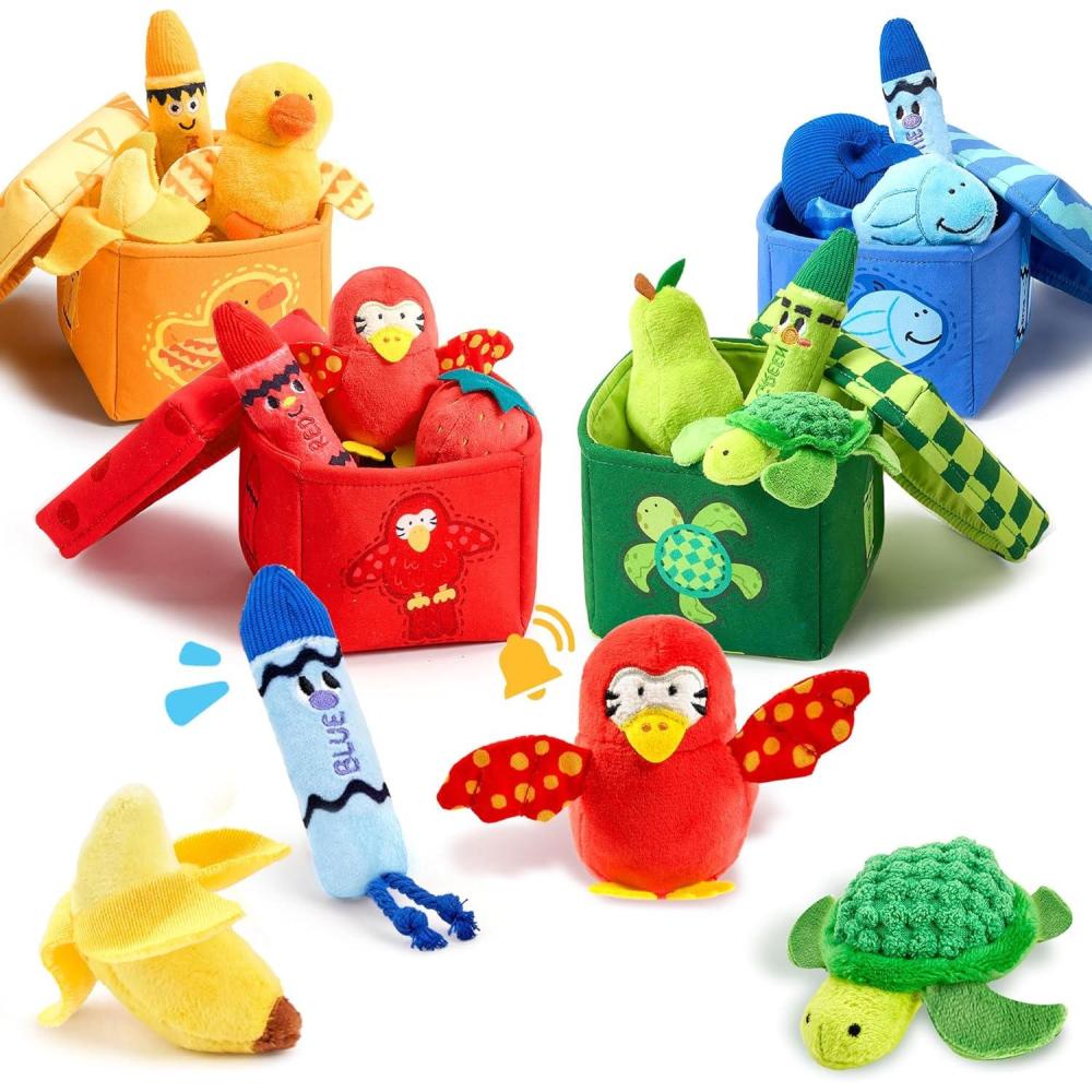 JoyCat Baby Toys 6-12 12-18 Months, Montessori Sensory Toys for 1 Year Old, 12 PCS Pushies with 4 Color Sorting Boxes, Animals Fruit Crinkle Crayon – Easter Basket Stuffers Gifts for Kids Boy Girl