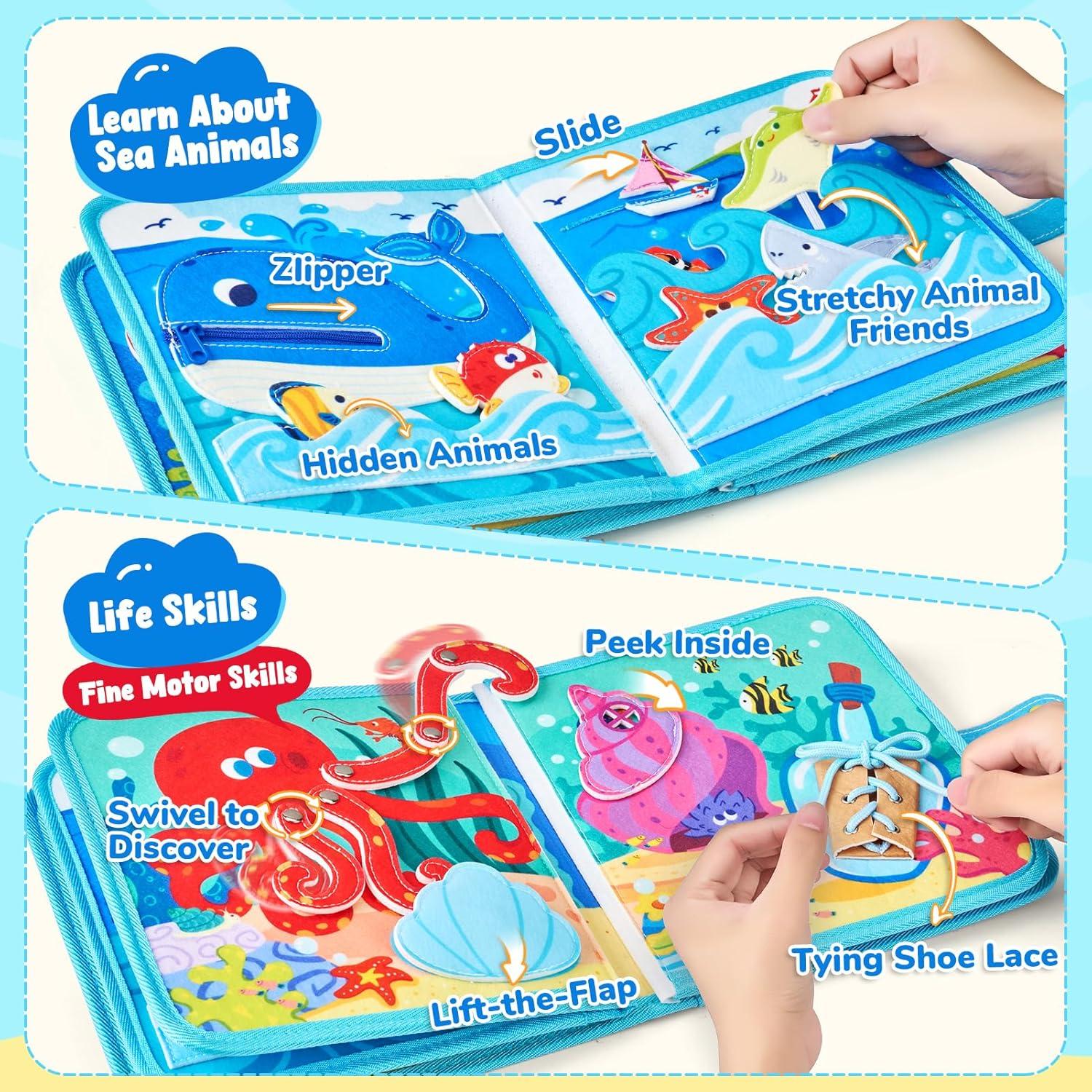 JoyCat Farm Busy Book for Toddlers 1–3 – Quiet Montessori Activity Book with 15 Daily Life Activities, Screen-Free Travel Toy for Toddlers, Easter Basket Stuffers Gifts Kids(Ocean)