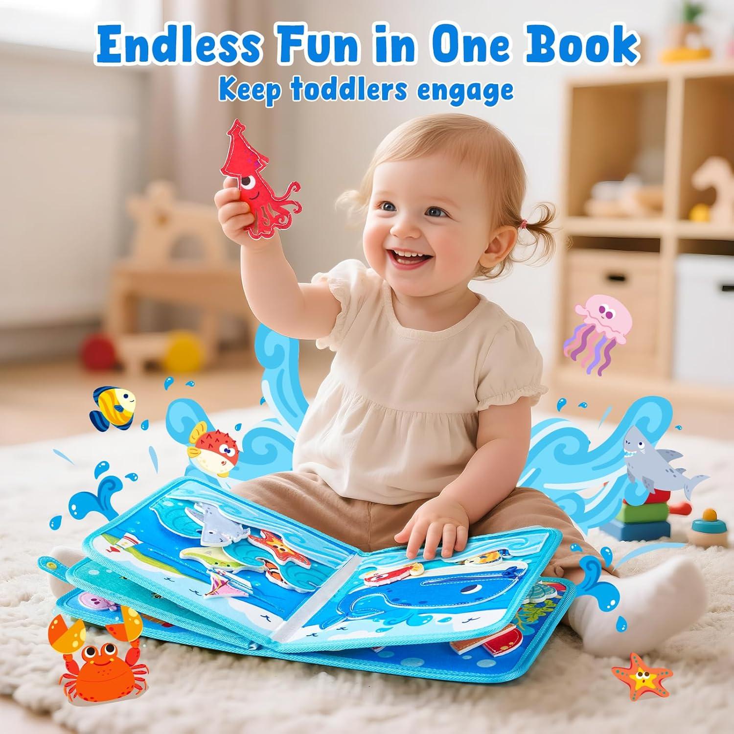 JoyCat Farm Busy Book for Toddlers 1–3 – Quiet Montessori Activity Book with 15 Daily Life Activities, Screen-Free Travel Toy for Toddlers, Easter Basket Stuffers Gifts Kids(Ocean)